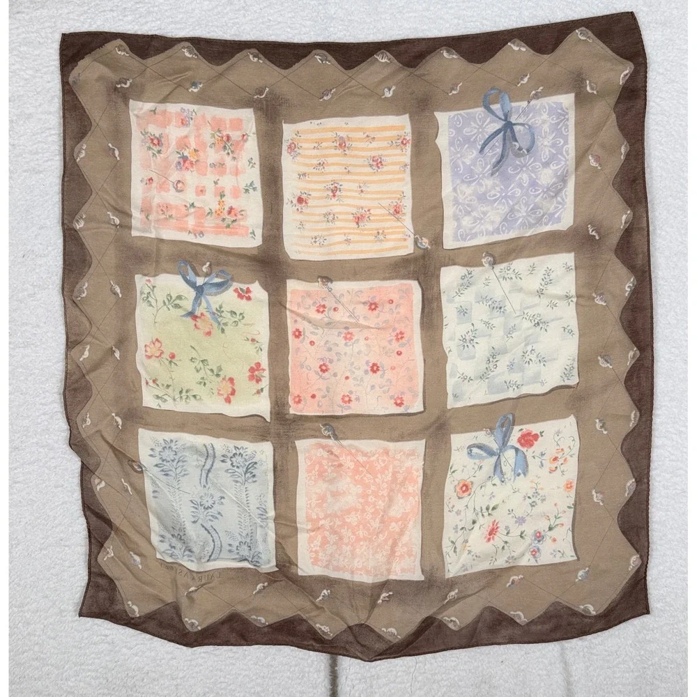 Laura Ashley Vintage Floral Patchwork Silk Scarf Brown Tan Square Cottagecore